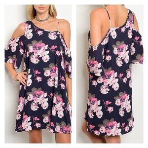 Navy with pink & white floral Cold Shoulder dress